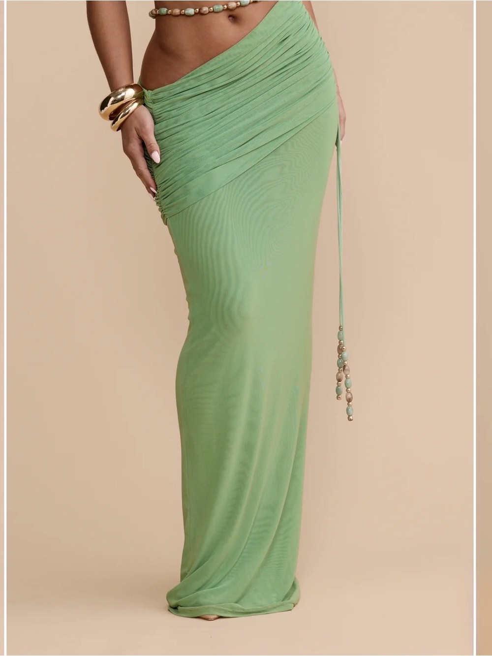 Mélani Sage Ruched Maxi Skirt with Bead belt